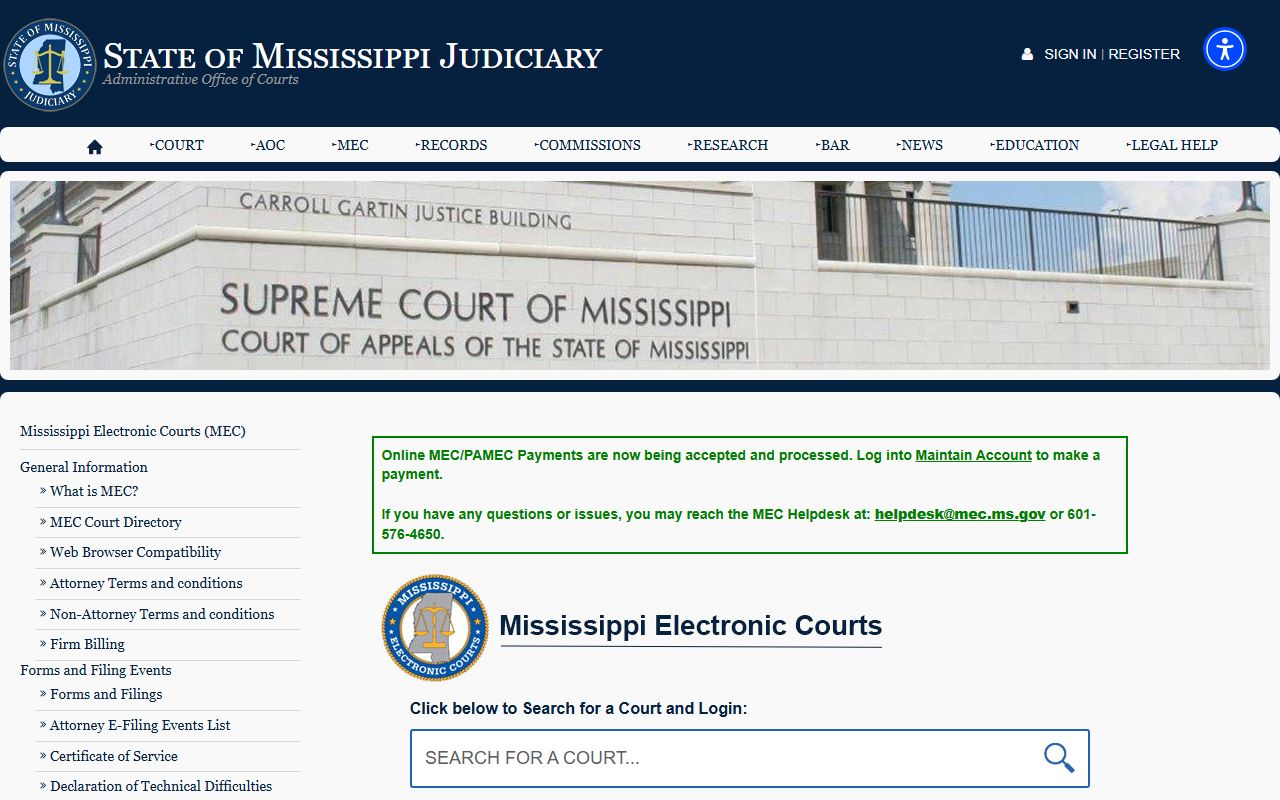Tate County court records after arrest search through Mississippi Electronic Courts