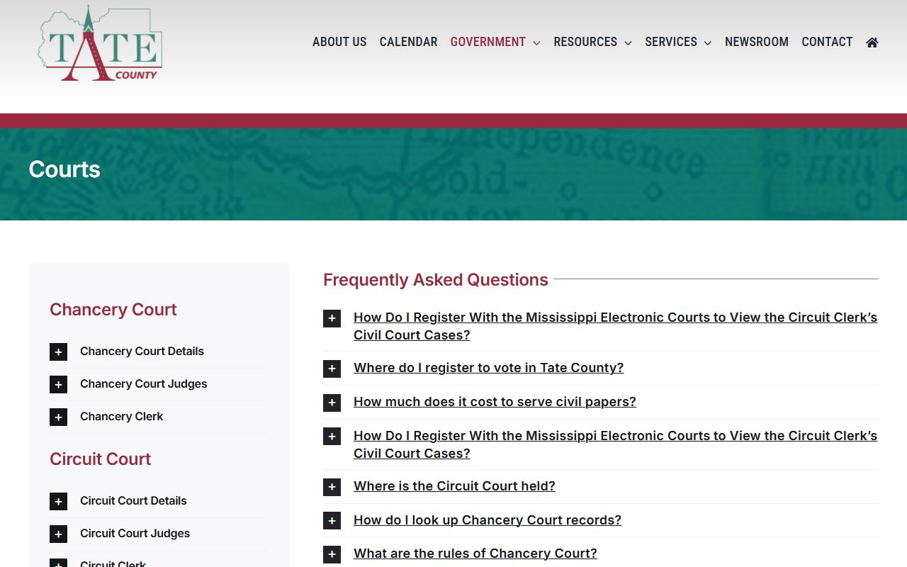 Tate County courts page for court records after jail arrest