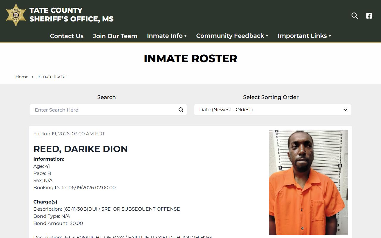 Tate County inmate roster interface for jail population search
